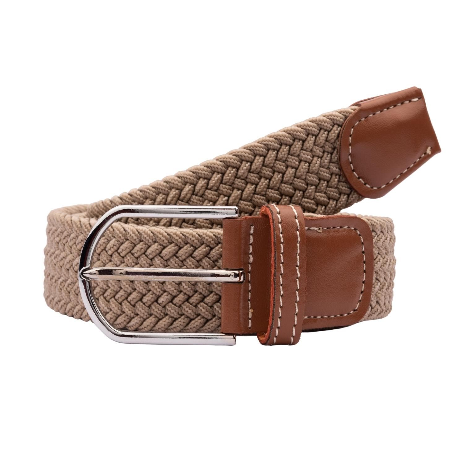 Buy Solid Beige with Brown Woven Braided Stretchable Belt - the tie hub